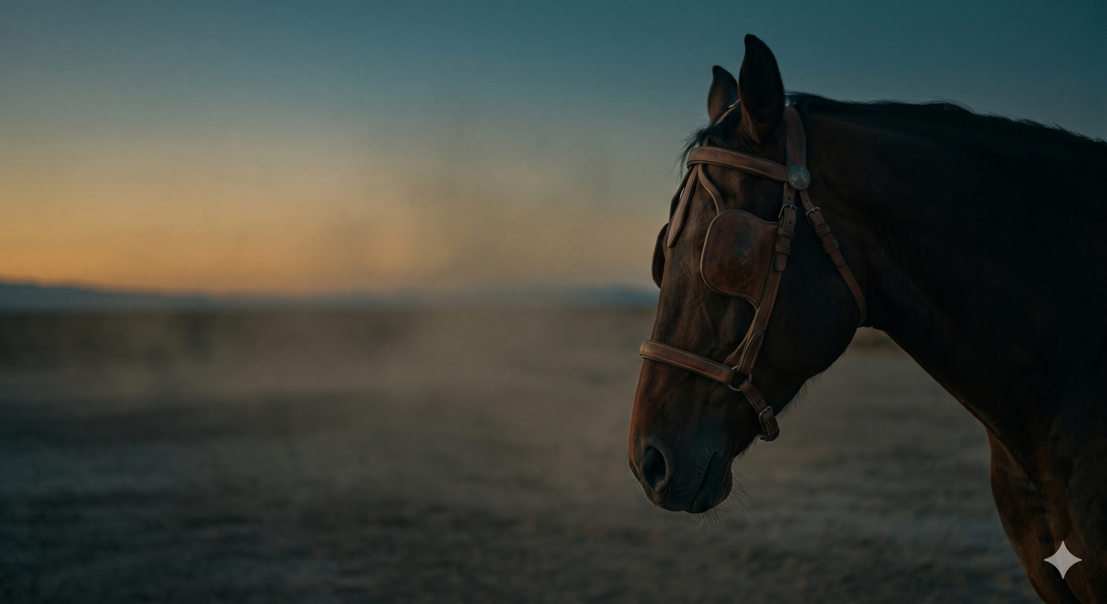 Cavalo com antolhos correndo em paisagem atmosférica